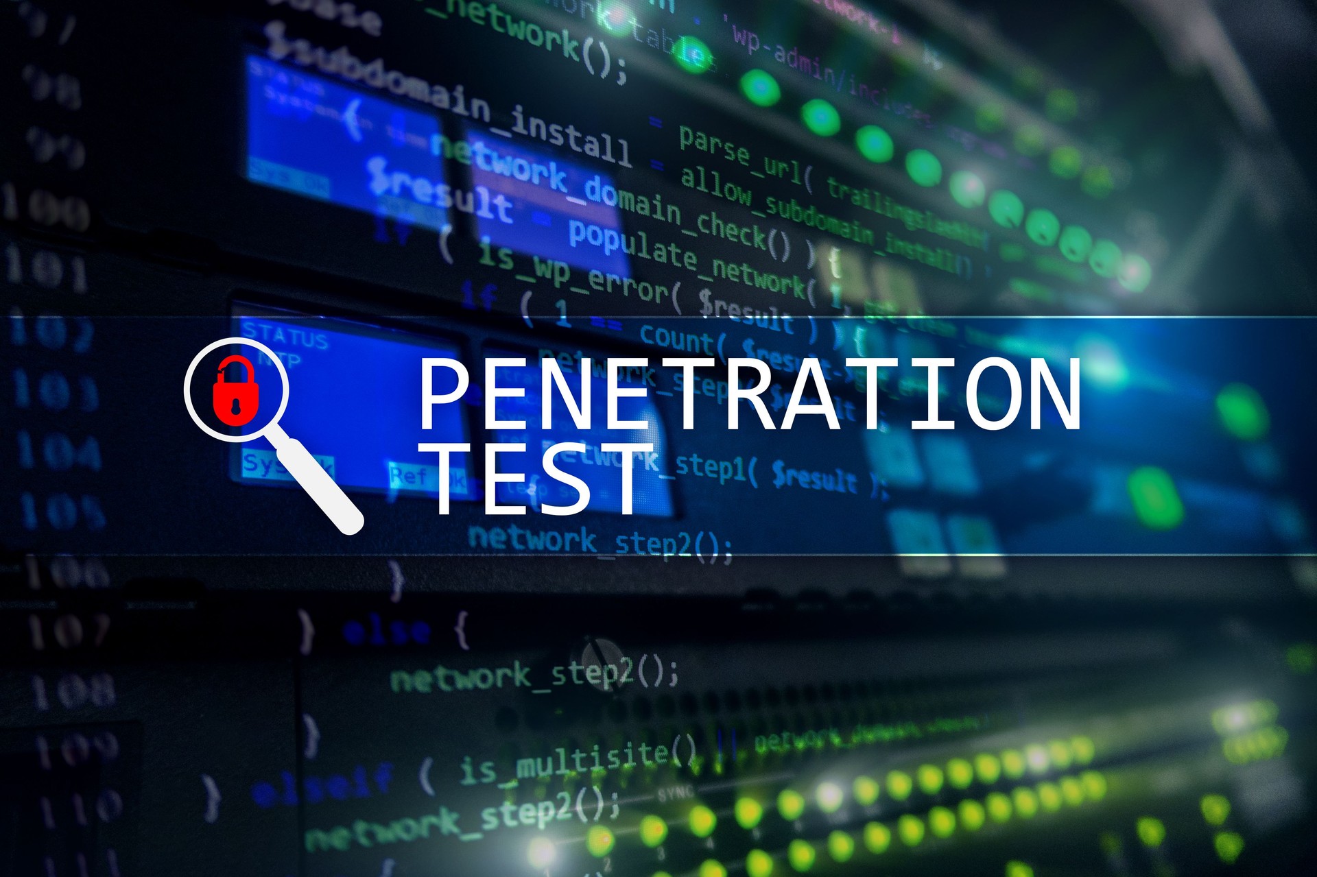 Penetration test. Cybersecurity and data protection. Hacker attack prevention. Futuristic  server room on background.