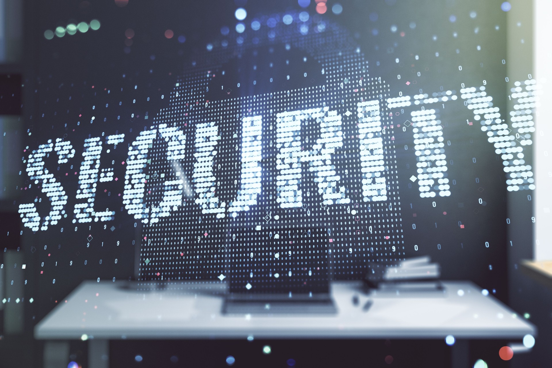Cyber security creative concept and modern desktop with computer on background. Double exposure